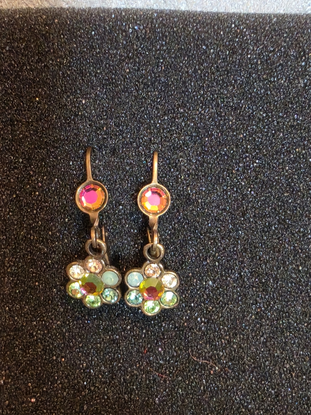 Michal Negrin Pink and Green Crystal Flower Drop Earrings